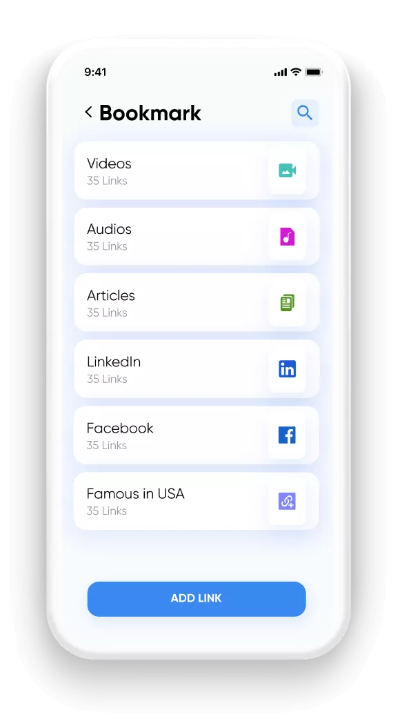 Bookmark screen for saving videos, audios, and article links in app